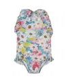 Deux Par Deux Girls' Printed One-piece Swimsuit With Frills - Little Kid In White/pink/and Green Flowers