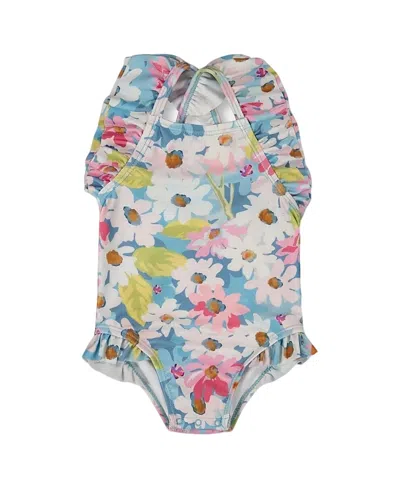 Deux Par Deux Girls' Printed One-piece Swimsuit With Frills - Little Kid In White/pink/and Green Flowers