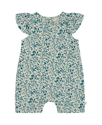 Deux Par Deux Girls' Printed Organic Cotton Romper - Baby In Small Turquoise Flowers