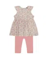 Deux Par Deux Girls' Printed Organic Cotton Tunic And Leggings Set - Baby In White With Pink Flowers