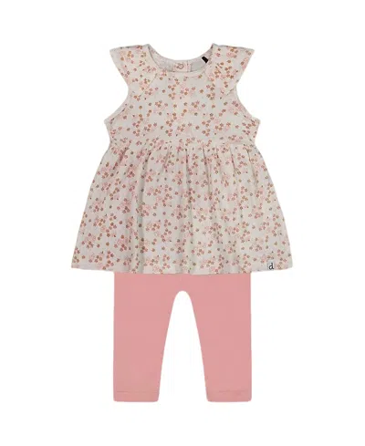 Deux Par Deux Girls' Printed Organic Cotton Tunic And Leggings Set - Baby In White With Pink Flowers