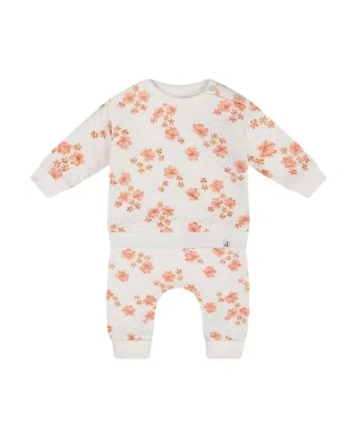 Deux Par Deux Girls' Printed Quilted Top And Pant Set - Baby In White And Pink Flowers