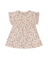 Deux Par Deux Girl's Printed Seersucker Blouse With Frills Pink Flowers On Cream Background