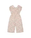 Deux Par Deux Girl's Printed Seersucker Jumpsuit With Cut Outs Pink Flowers On Cream Background In Pink Flowers On Cream Background