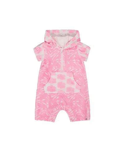 Deux Par Deux Girls' Printed Terry Romper With Hood - Baby In Vibrant Pink And White