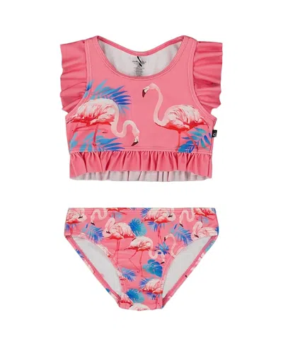Deux Par Deux Babies'  Girls' Printed Two-piece Swimsuit With Frills - Little Kid In Candy Pink And Pink Flamingo