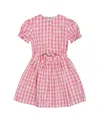 Deux Par Deux Girl's Puff Sleeve Dress With Waist Tie Pink And White Checks In Pink And White Checks