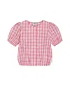 Deux Par Deux Little Girl's Puff Sleeve Top Pink And White Checks In Pink And White Checks