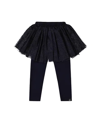 Deux Par Deux Girls' Rib Integrated Tulle Skirt Elastic Waist Leggings - Little Kid In Dark Blue
