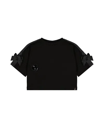 Deux Par Deux Girls' Short Sleeve Milano Bow Shoulder Heart Balloon Top - Big Kid In Black