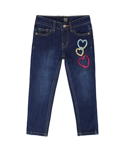 Deux Par Deux Girls' Stretch Jeans With Glittery Hearts - Big Kid In Blue