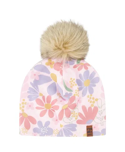 Deux Par Deux Girls' Stretch Jersey Hat Flower Print With Pompom - Baby In Pink