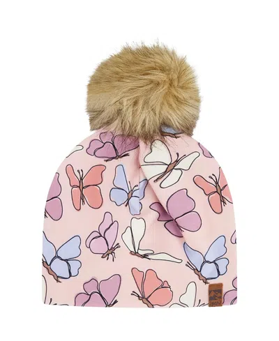 Deux Par Deux Girls' Stretch Jersey Hat Printed Butterflies With Pompom - Baby In Pink