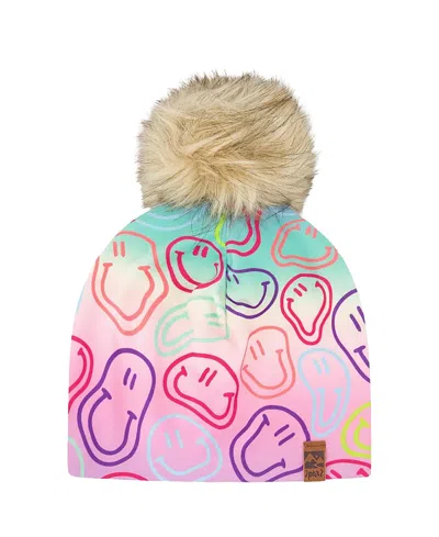 Deux Par Deux Girls' Stretch Jersey Hat Printed Smileys With Pompom - Baby In Multi