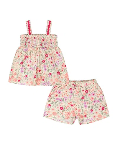 Deux Par Deux Girls' Tank Top With Smocking And Flowers Shorts Set In Muslin - Little Kid In Multi