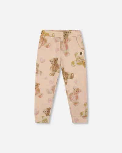 Deux Par Deux Kids'  Glittering French Terry Sweatpants Teddy Bear In Brown