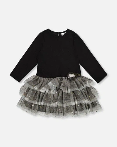 Deux Par Deux Kids'  Glittering Mesh Skirt Party Dress In Black