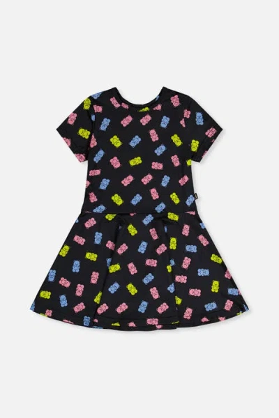 Deux Par Deux Kids'  Gummy Bears Short Sleeve Drop Waist Dress In Black