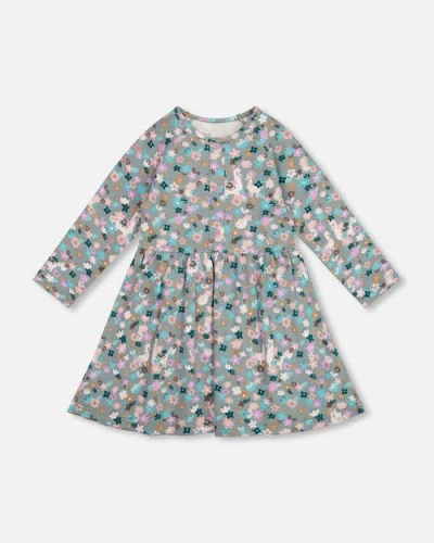 Deux Par Deux Babies'  Half Button Organic Cotton Dress Llama In Multi