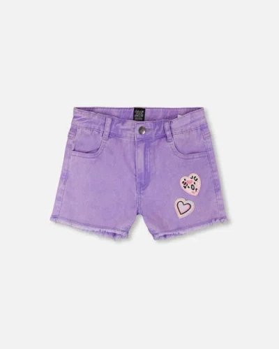 Deux Par Deux Kids'  Heart Embroidery Denim Shorts In Purple