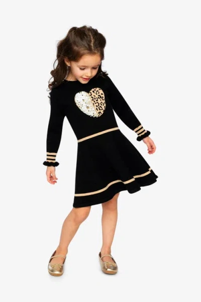 Deux Par Deux Kids'  Heart Graphic Ruffle Cuff Pleated Knit Dress In Black