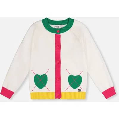 Deux Par Deux Kids'  Heart Pocket Button Front Knitted Cardigan In White
