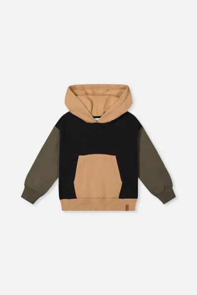 Deux Par Deux Kids'  Hooded Colorblock Kangaroo Pocket Fleece Cardigan In Black