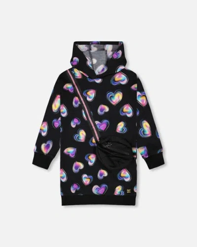 Deux Par Deux Kids'  Hooded Fleece Dress With Bag In Black
