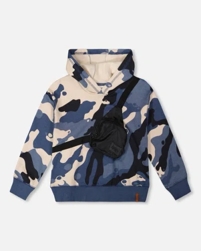 Deux Par Deux Kids'  Hooded Fleece Sweatshirt With Crossbody Bag In Blue