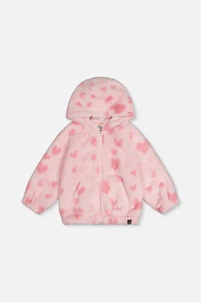 Deux Par Deux Kids' Hooded Full Zip Faux Fur Jacket Pink Printed With Hearts In Multi