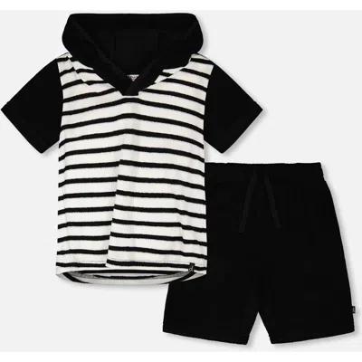 Deux Par Deux Kids'  Hooded Terry Stripes T-shirt With Shorts Set In Black
