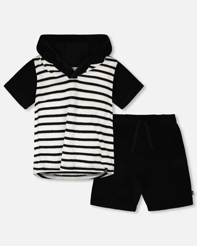 Deux Par Deux Kids' Hooded Terry T-shirt With Shorts Set Black And White Stripes In Multi