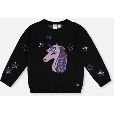 Deux Par Deux Kids'  Intarsia Sequin Star Knitted Sweater In Black