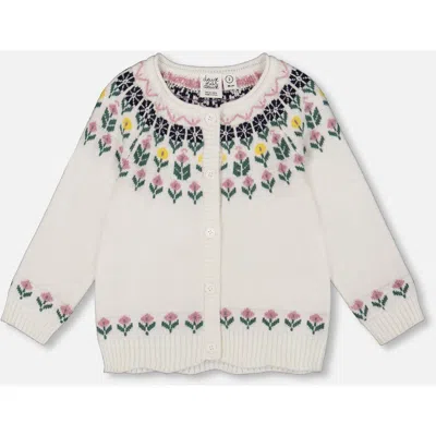 Deux Par Deux Kids'  Jacquard Knit Cardigan With Floral In White