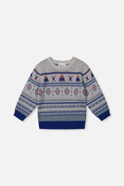 Deux Par Deux Kids' Jacquard Knit Sweater Blue And Beige In Gray