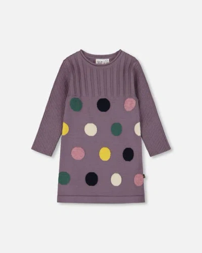 Deux Par Deux Kids'  Jacquard Sweater Dress With Polka Dot In Purple