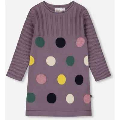 Deux Par Deux Kids'  Jacquard Sweater Dress With Polka Dot In Purple