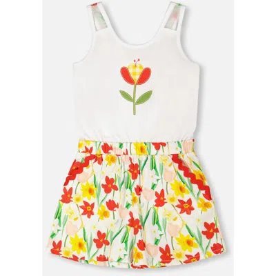 Deux Par Deux Kids'  Jersey And Viscose Sleeveless Flower Romper In Multi