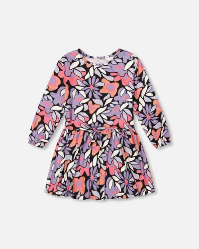 Deux Par Deux Kids'  Jersey Dress Retro Flower In Blue