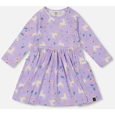 Deux Par Deux Kids'  Jersey Dress With Pockets Unicorn In Purple