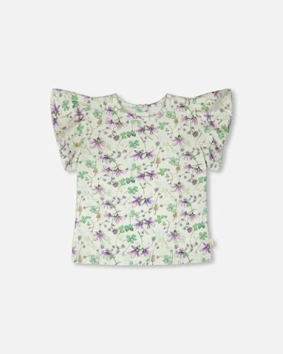 Deux Par Deux Babies'  Jersey Flutter Sleeves Printed Flowers T-shirt In White