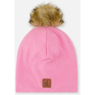 Deux Par Deux Babies'  Jersey Lined Faux Fur Pompom Hat In Pink