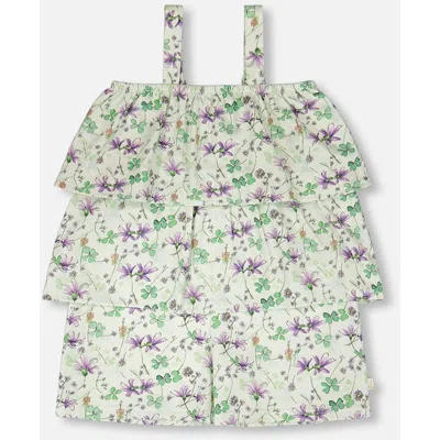 Deux Par Deux Babies'  Jersey Printed Flowers Romper With Tiers In Green