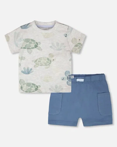Deux Par Deux Babies'  Jersey T-shirt And Organic Cotton Turtle Print Jersey Shorts Set In Multi