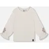 Deux Par Deux Jersey Top With Embroidered Floral Sleeves In Gold