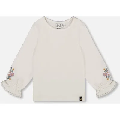 Deux Par Deux Kids'  Jersey Top With Embroidered Floral Sleeves In Gold