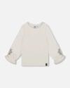 Deux Par Deux Jersey Top With Embroidered Floral Sleeves In White