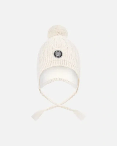 Deux Par Deux Kids Gender Inclusive Lined Winter Hat With Pompom In White