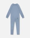 Deux Par Deux Kids Gender Inclusive Merino Wool Base Layer Set In Blue