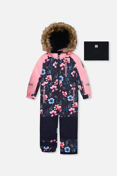 Deux Par Deux Kids One Piece Play Snowsuit Blue Floral Print In Multi